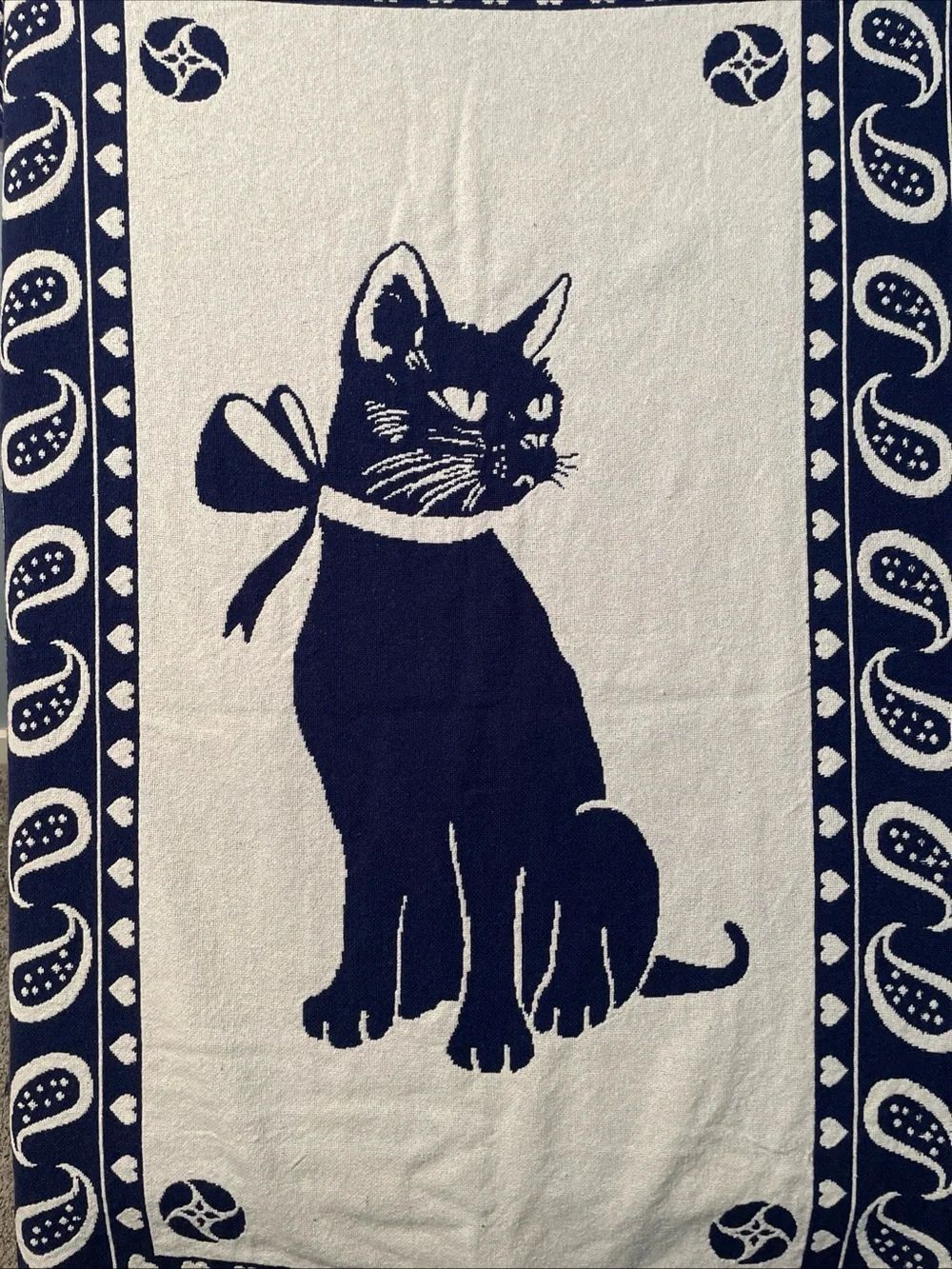 Navy & Cream Cat Print Pet Blanket - Soft Decorative Throw 65”x43” Made In Spain
